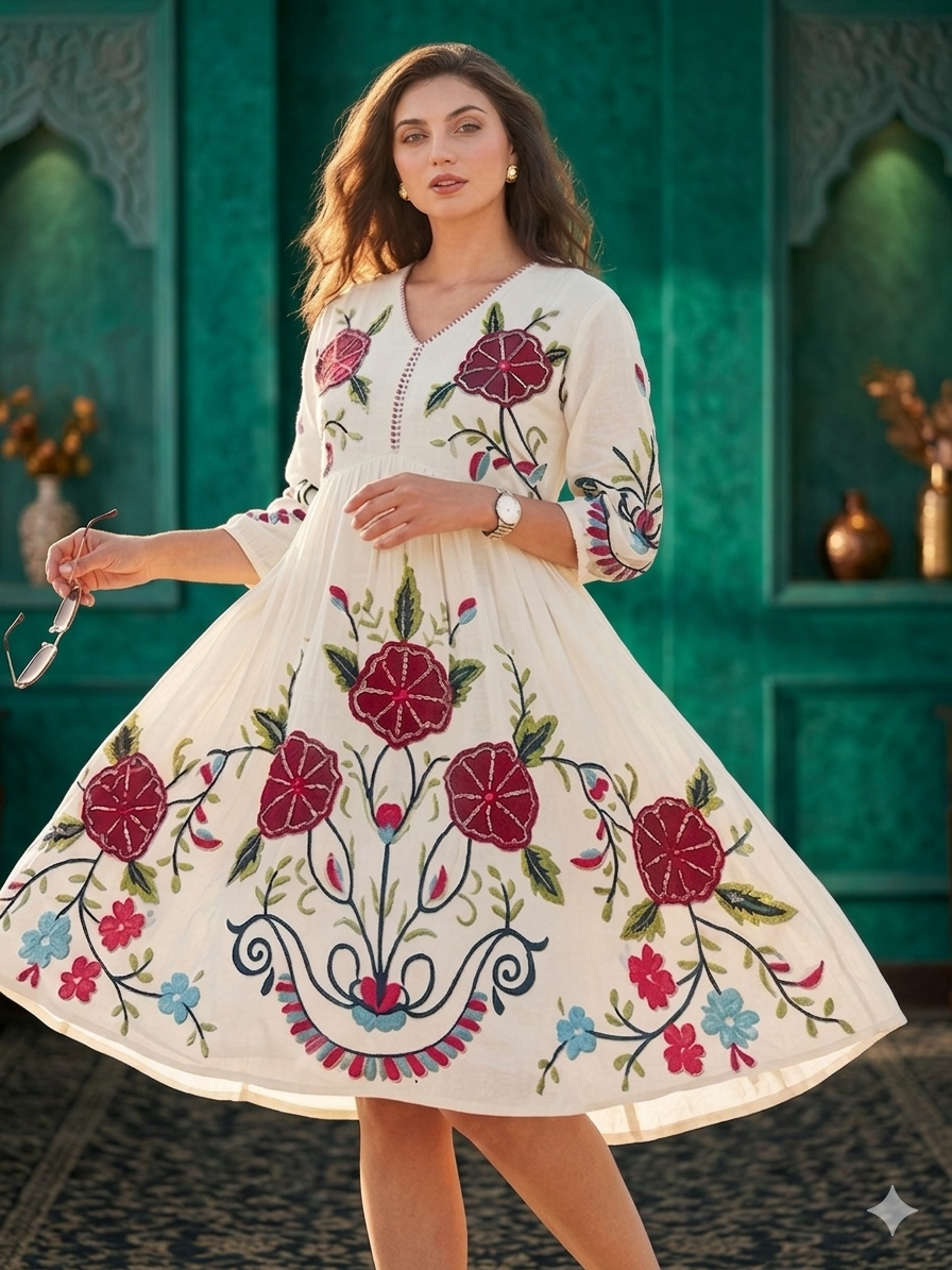 Elegant Floral Embroidered Flared One piece– Off White Cotton Blend