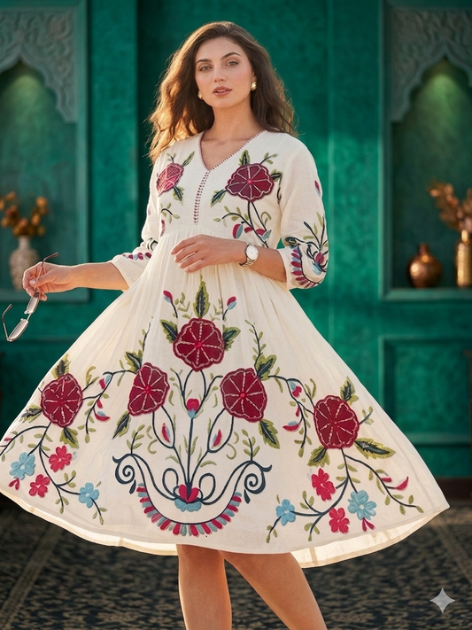 Elegant Floral Embroidered Flared One piece– Off White Cotton Blend