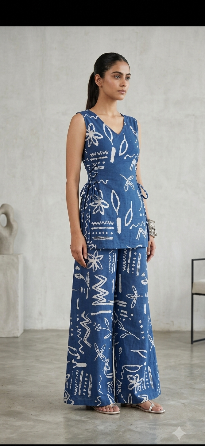 Women's Blue Printed Co-Ord Set | Sleeveless V-Neck Top with Wide Leg Pants | Casual & Summer Wear
