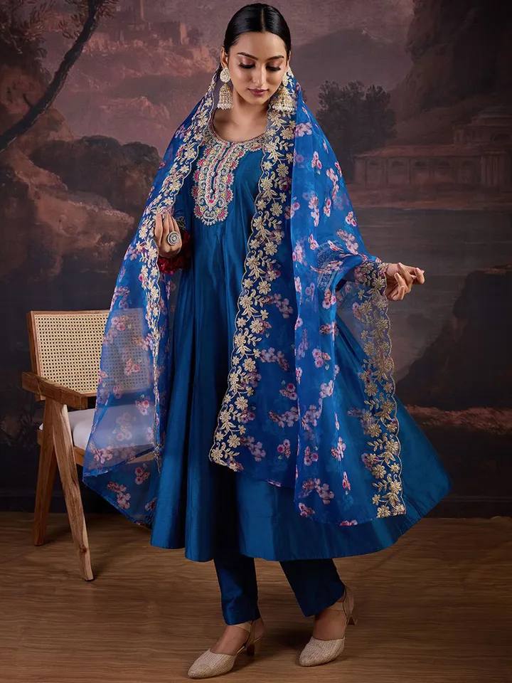 Royal Teal Silk Anarkali Suit with Floral Organza Embroidered Dupatta