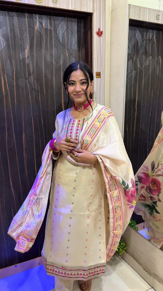 Elegant Cream Ethnic Suit with Multicolor Embroidery & Dupatta