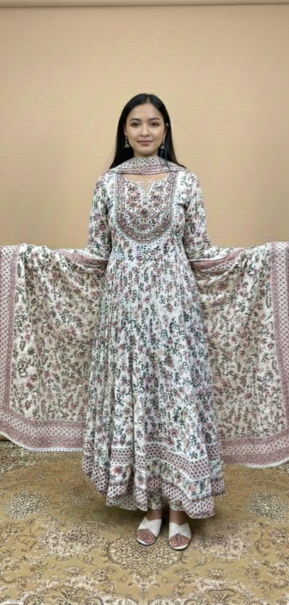 Ivory Floral Printed Anarkali Suit Set with Dupatta