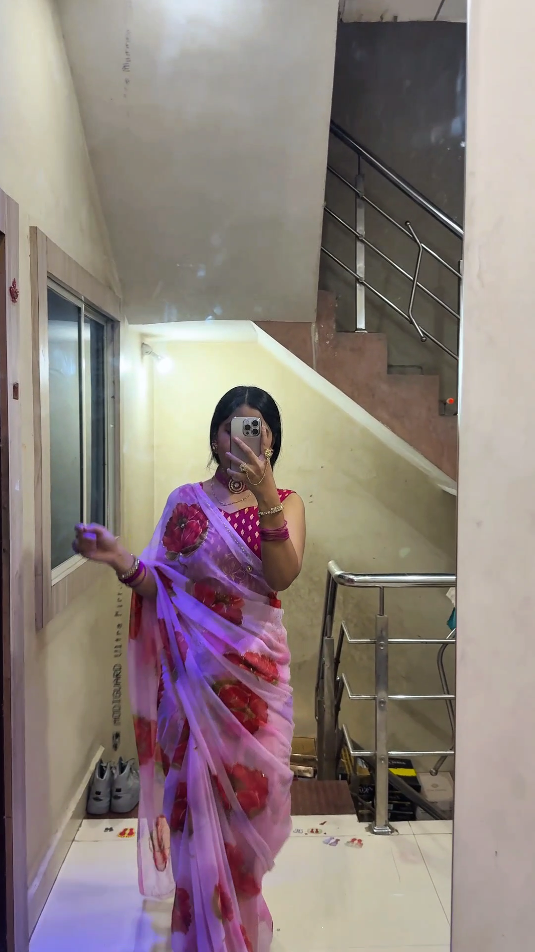 Blush Pink Floral Organza Saree with Bold Red Rose Prints