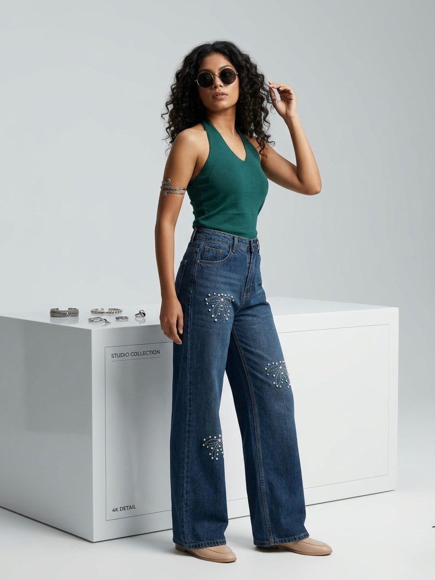High-Waisted Straight Wide-Leg Denim with Pearl & Stitch Bow Accents