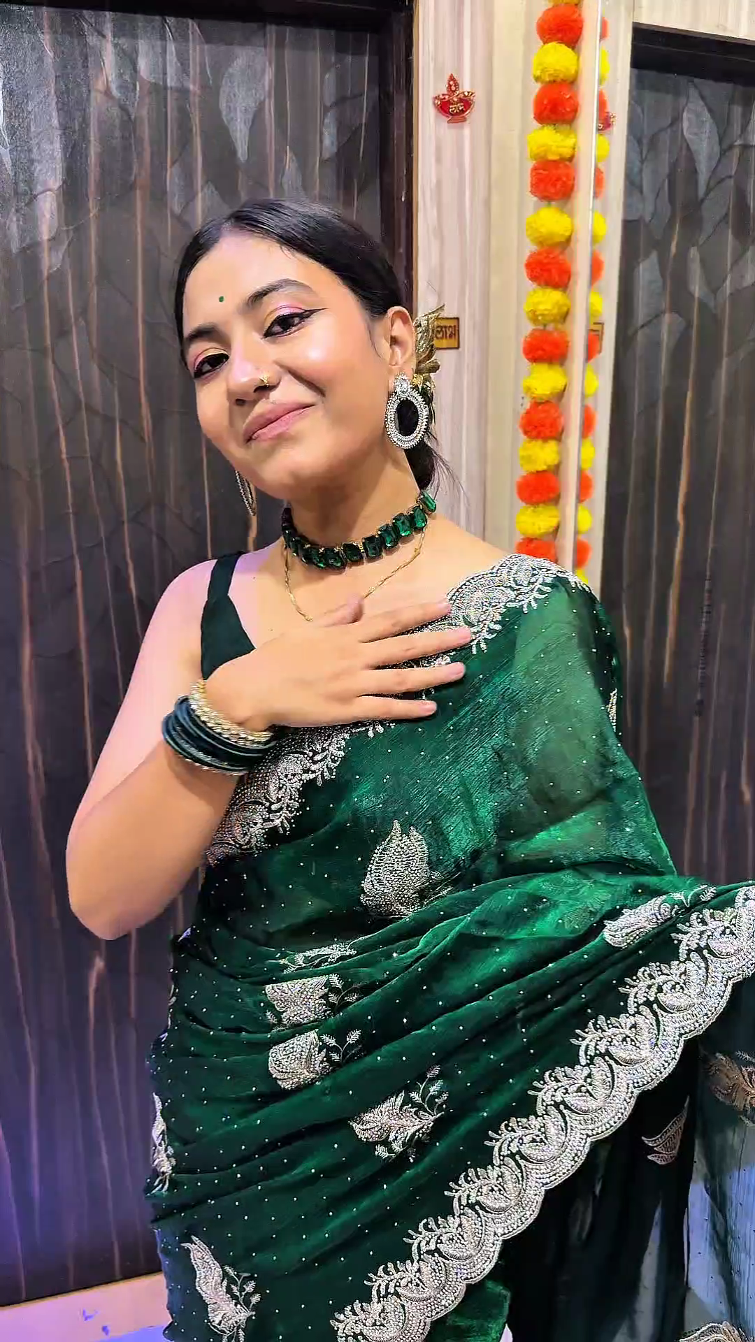 Jimmy Choo Emerald Green Designer Saree with Silver Zari Work