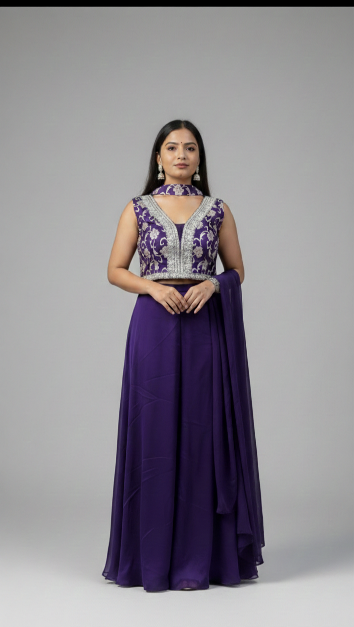 Royal Purple Embroidered Sharara Set with Sleeveless Blouse & Dupatta | Festive & Wedding Wear for Women