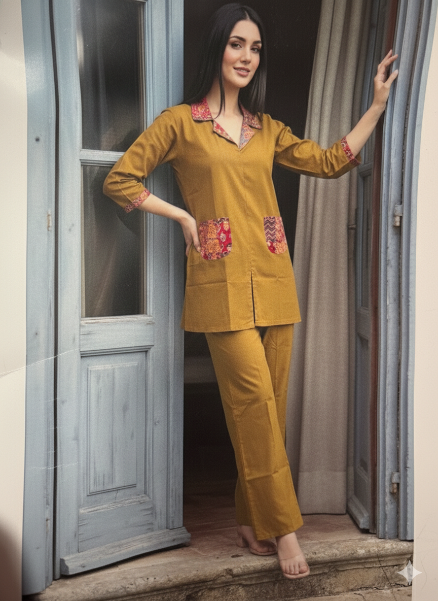 Indian Elegant Ethnic Co-Ord Set with Printed Collar & Pocket Detail