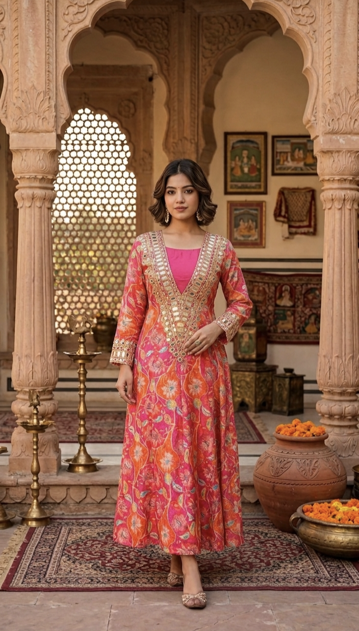 Gulnaar Pink Floral Embroidered Anarkali Kurta Set