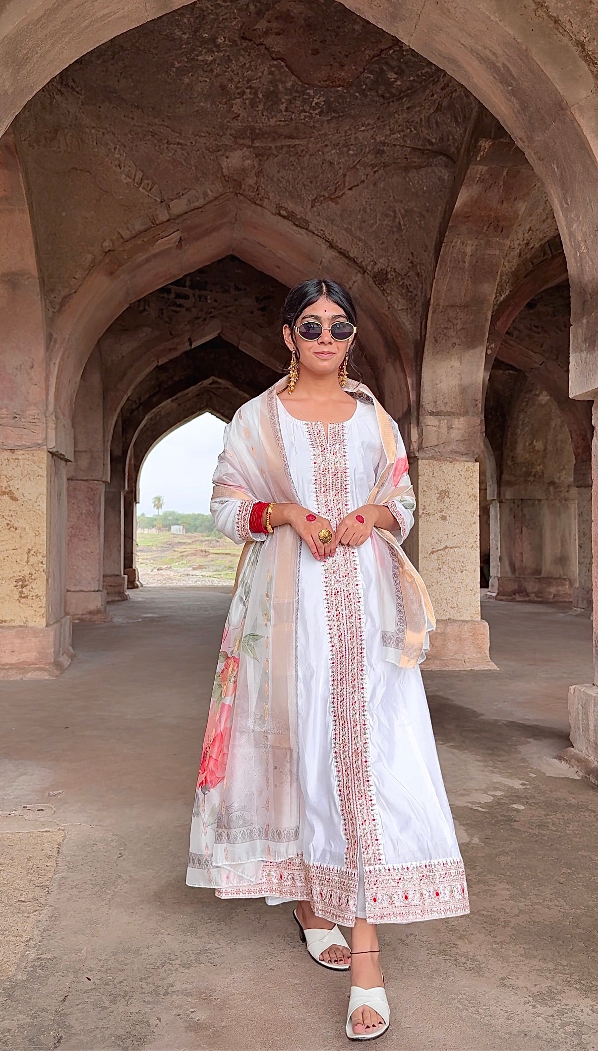 Elegant White Embroidered Anarkali Suit with Floral Dupatt