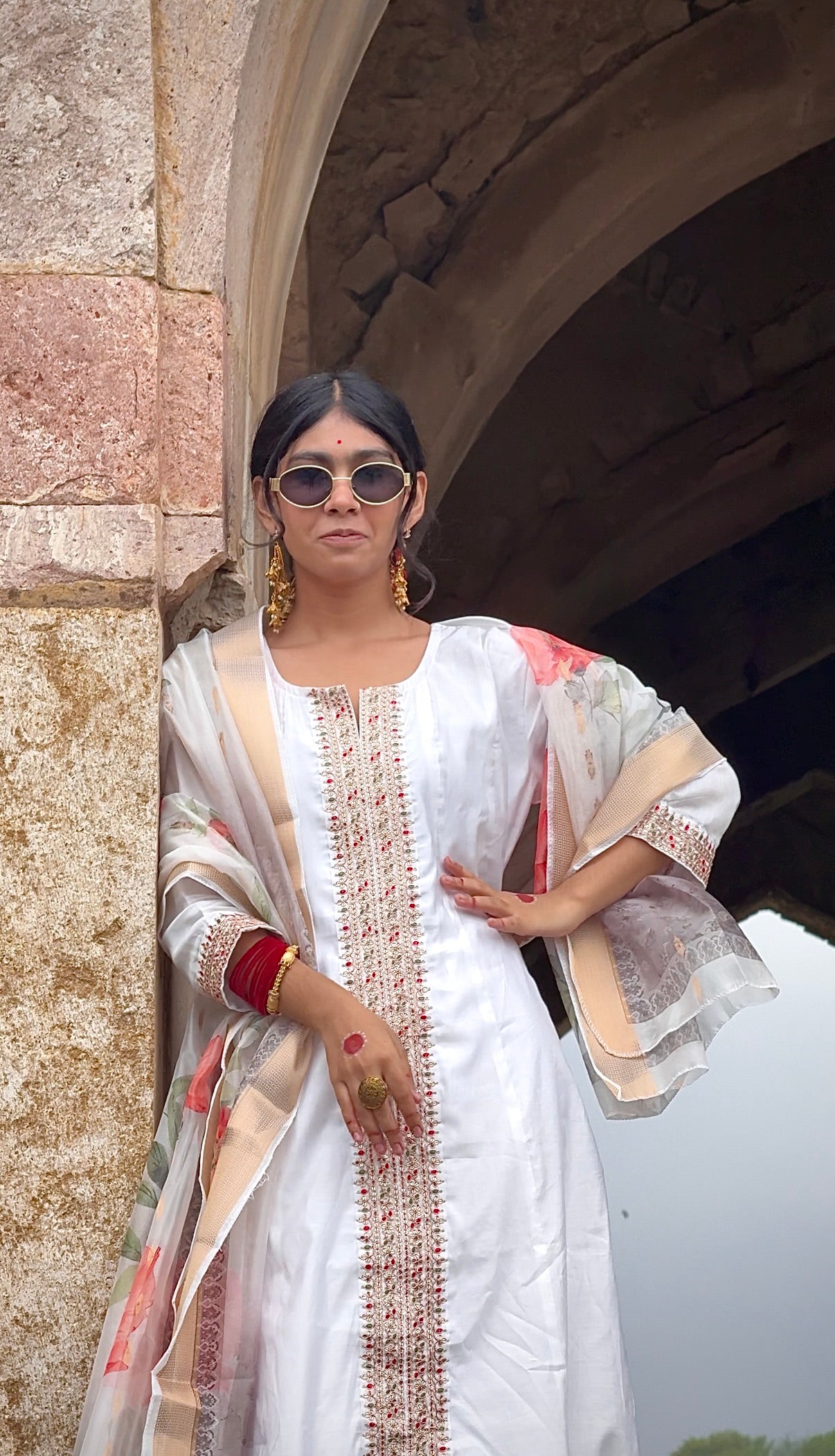 Elegant White Embroidered Anarkali Suit with Floral Dupatt