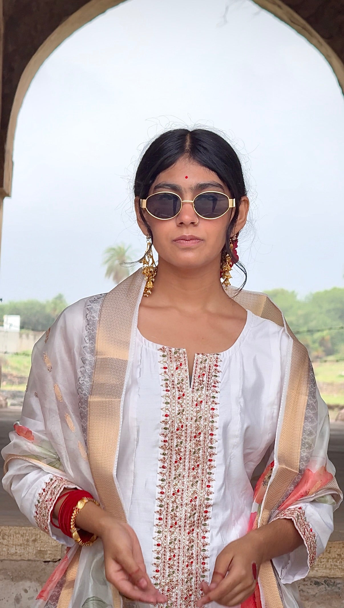 Elegant White Embroidered Anarkali Suit with Floral Dupatt