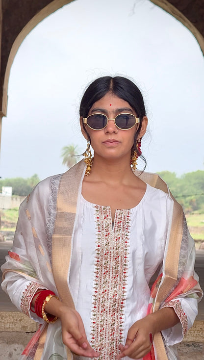 Elegant White Embroidered Anarkali Suit with Floral Dupatt