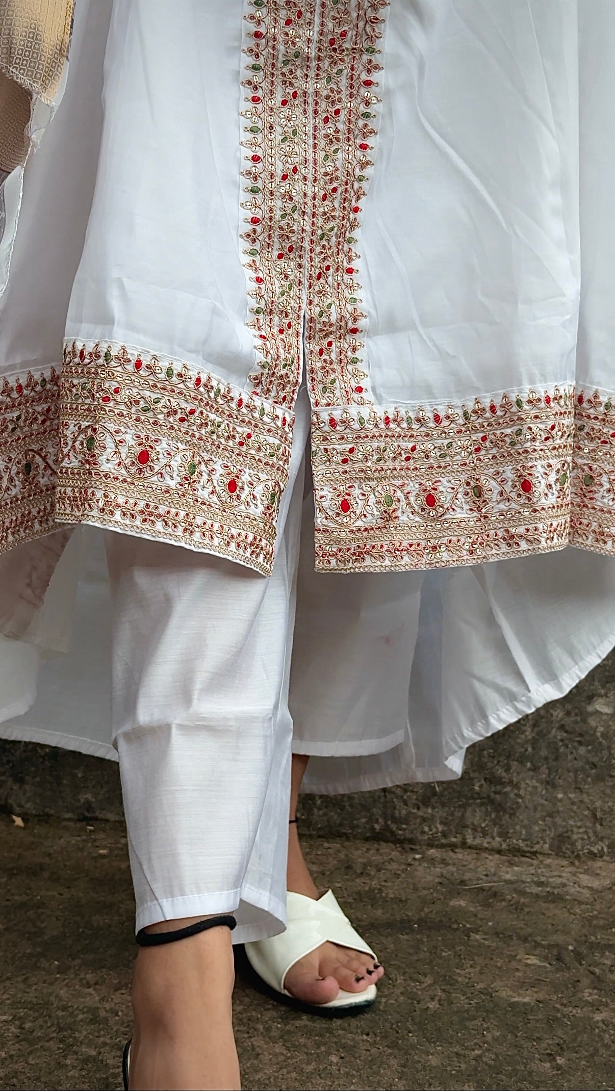 Elegant White Embroidered Anarkali Suit with Floral Dupatt