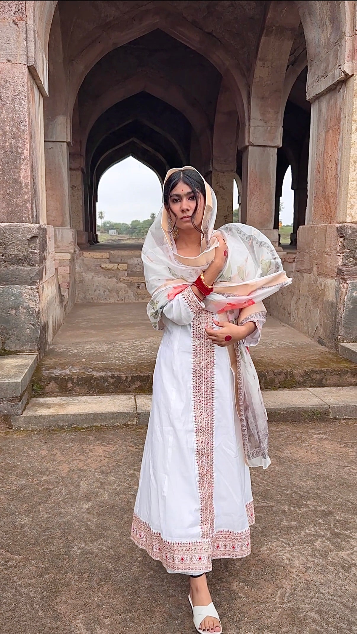 Elegant White Embroidered Anarkali Suit with Floral Dupatt