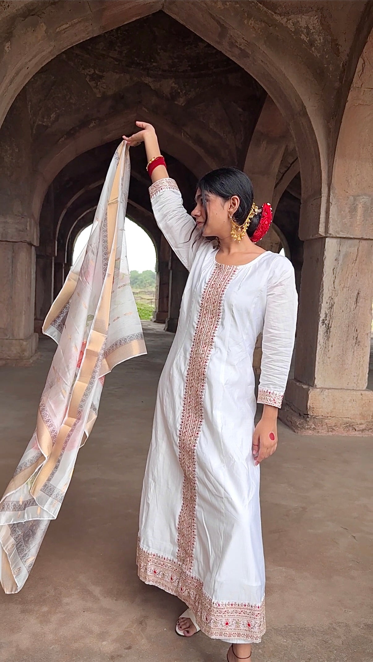 Elegant White Embroidered Anarkali Suit with Floral Dupatt