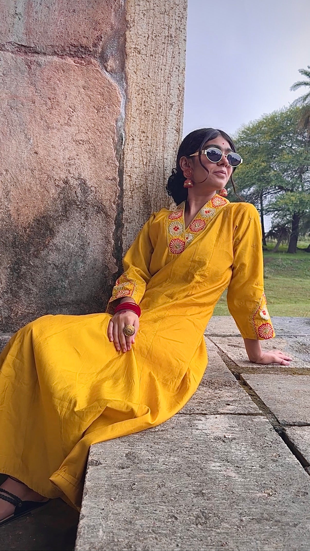 Mustard yellow Anarkali  kurta and pants with multicolor dupatta