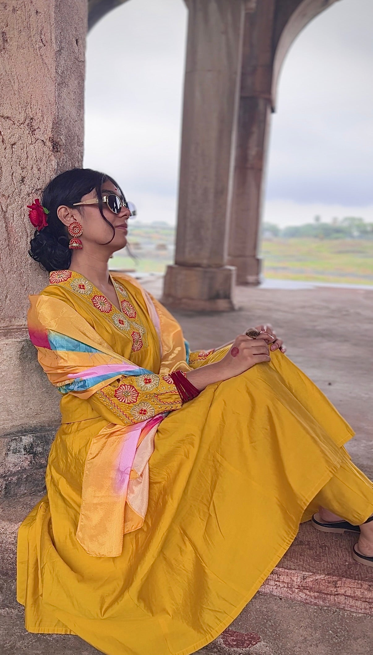 Mustard yellow Anarkali  kurta and pants with multicolor dupatta