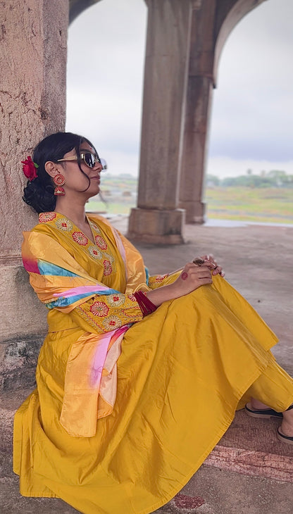 Mustard yellow Anarkali  kurta and pants with multicolor dupatta