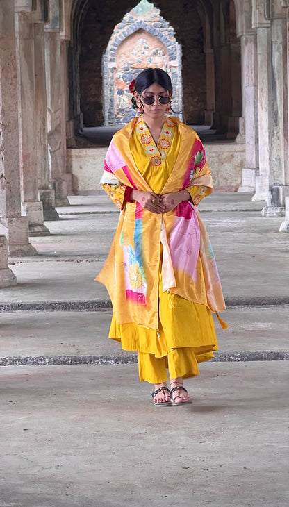 Mustard yellow Anarkali  kurta and pants with multicolor dupatta