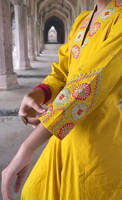 Mustard yellow Anarkali  kurta and pants with multicolor dupatta