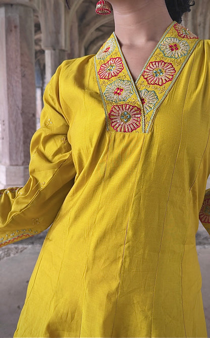 Mustard yellow Anarkali  kurta and pants with multicolor dupatta