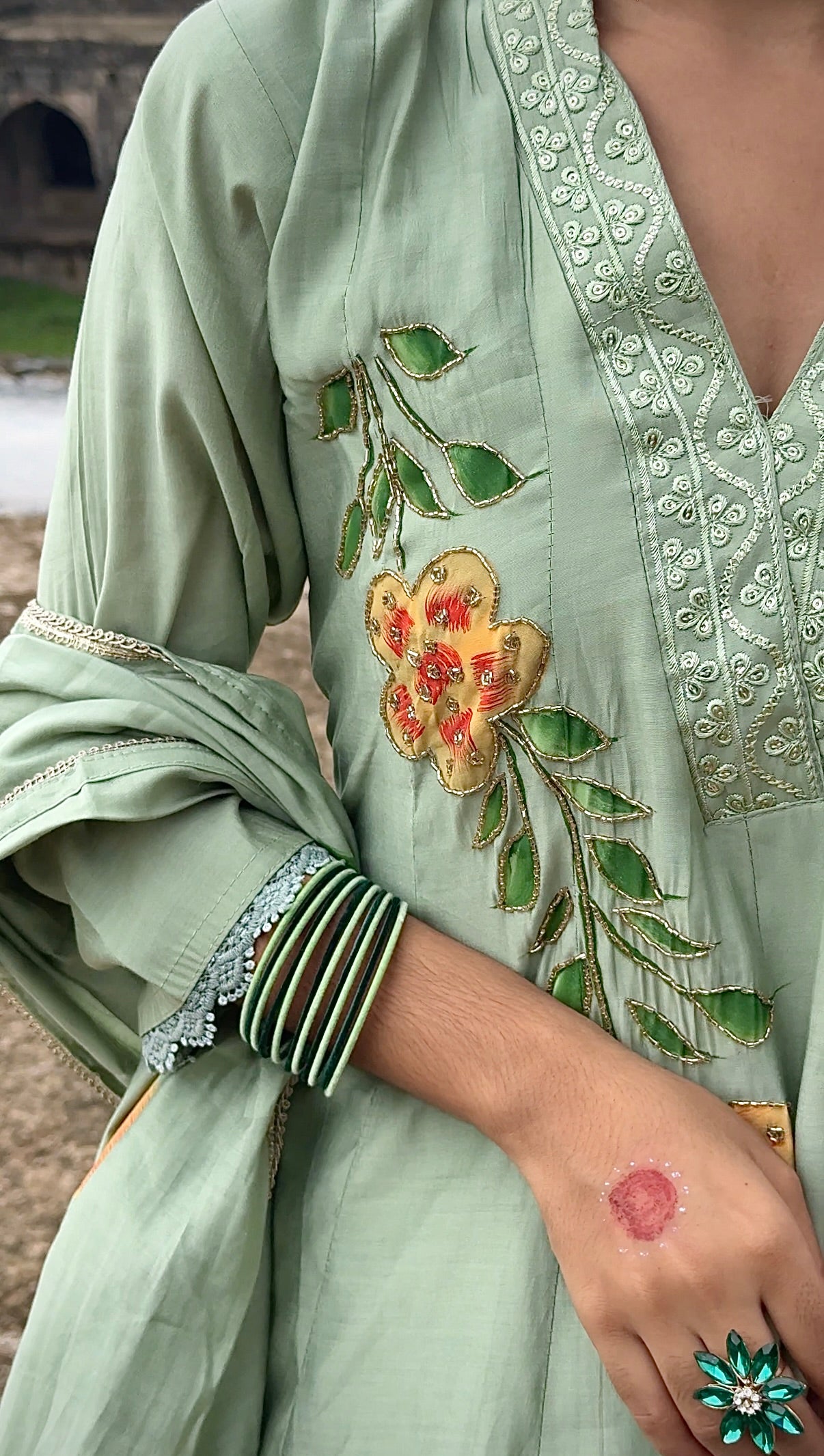 Soft pastel green Anarkali Suit  with multicolor floral embroidery