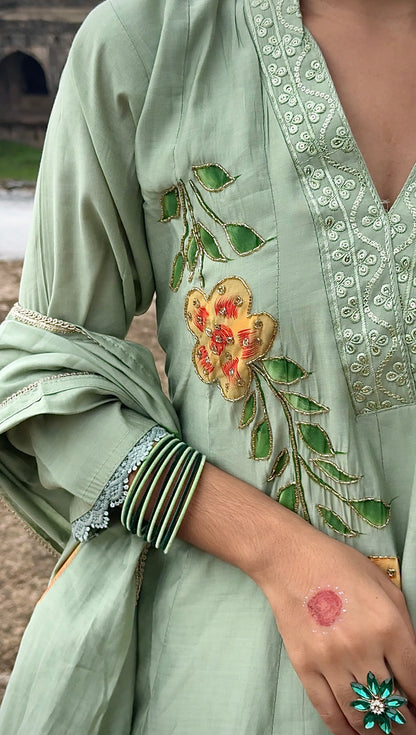 Soft pastel green Anarkali Suit  with multicolor floral embroidery