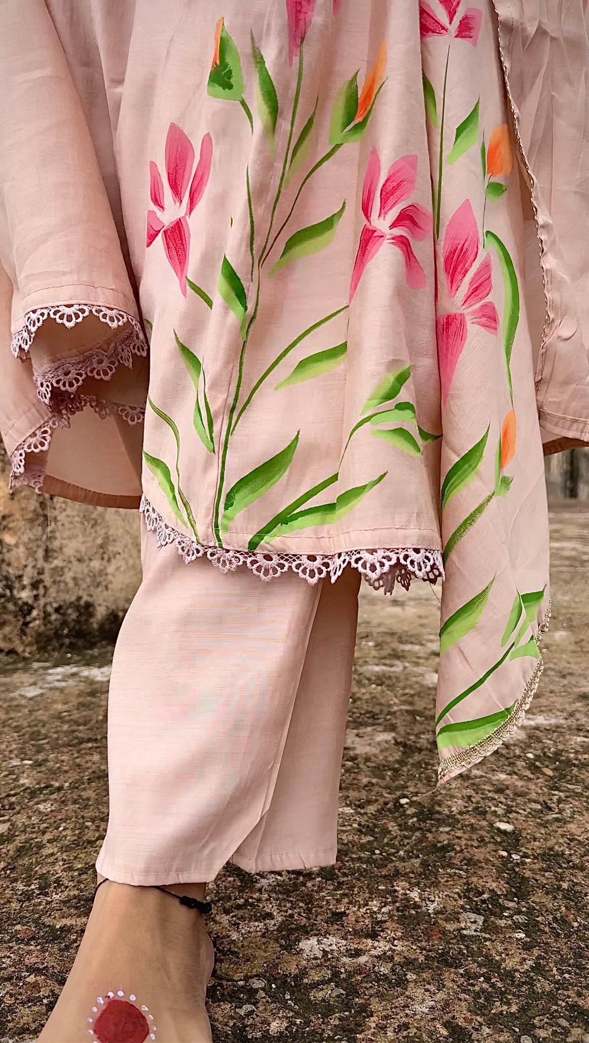 Soft peach Anarkali with multicolor hand-painted floral motifs