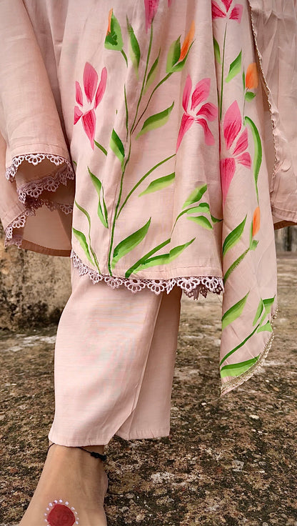 Soft peach Anarkali with multicolor hand-painted floral motifs