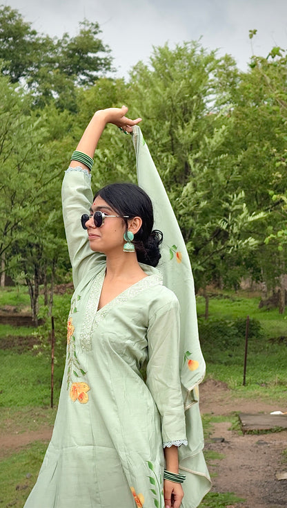 Soft pastel green Anarkali Suit  with multicolor floral embroidery