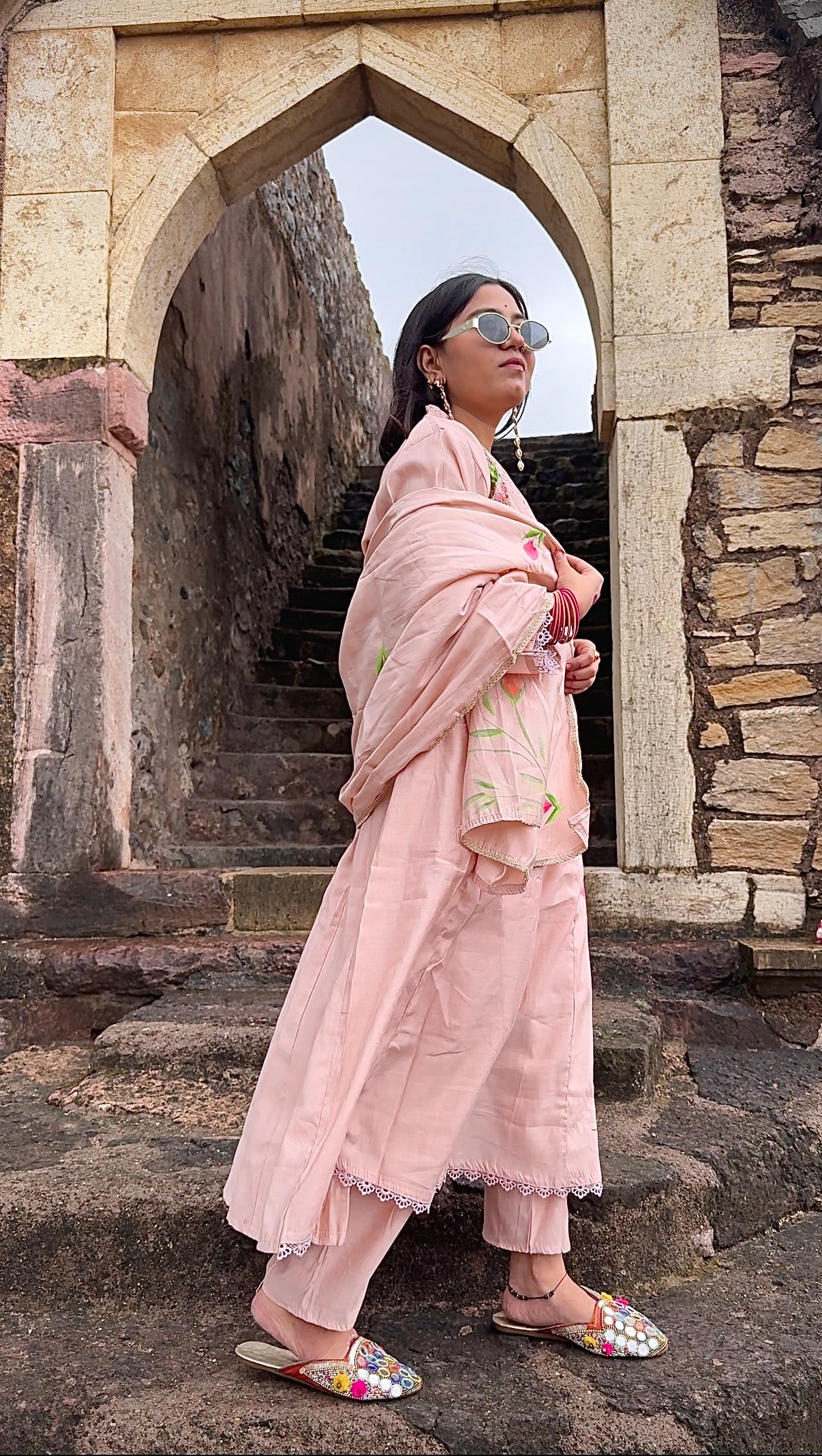 Soft peach Anarkali with multicolor hand-painted floral motifs