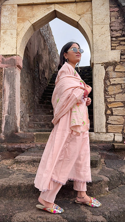 Soft peach Anarkali with multicolor hand-painted floral motifs