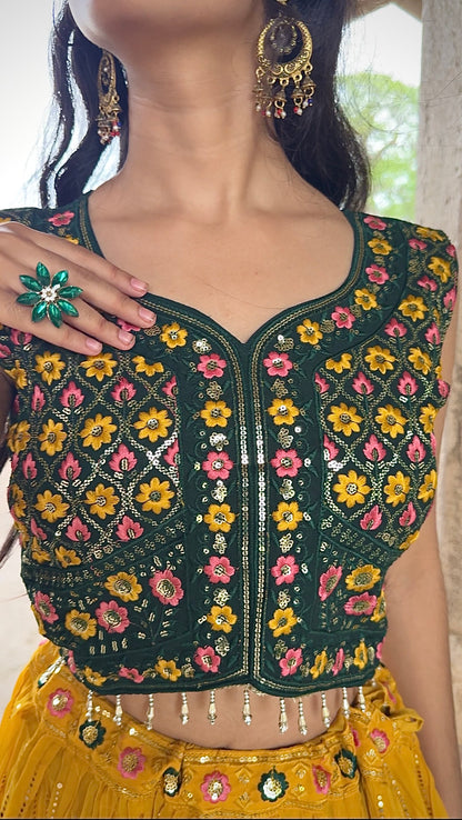Premium georgette lehenga with sequin work, embroidered blouse