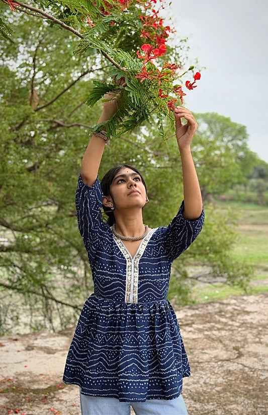 Short peplum kurti V-neck with mirror detailing