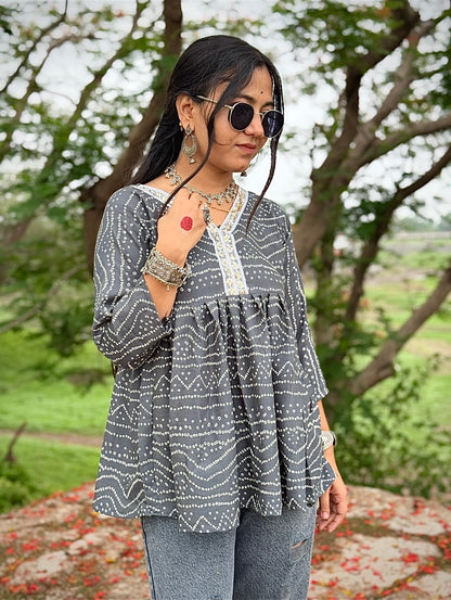 Short peplum kurti V-neck with mirror detailing