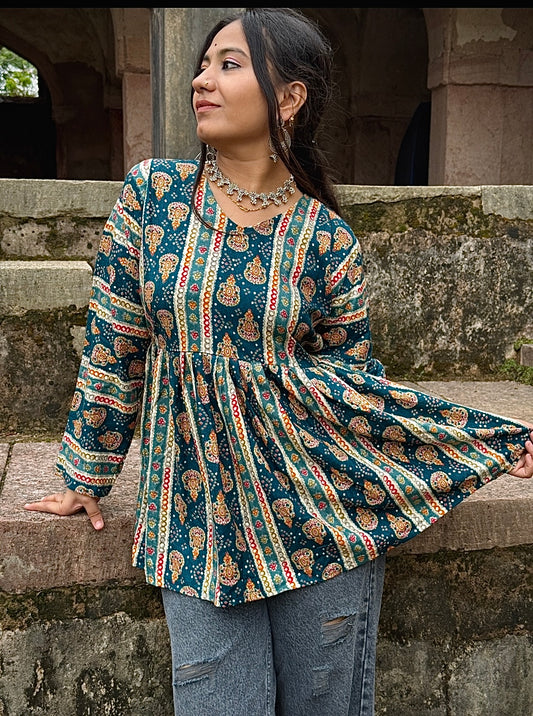 Traditional Sanganeri-style paisley and floral motifs Short  kurti