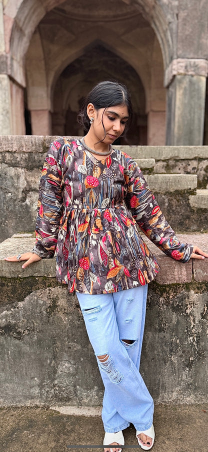 Traditional Sanganeri-style paisley and floral motifs Short Kurti