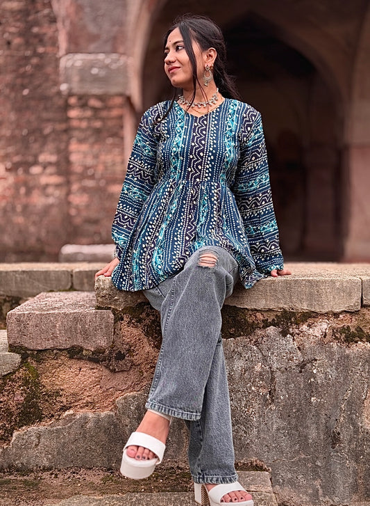 Traditional Sanganeri-style paisley and floral motifs Short Kurti