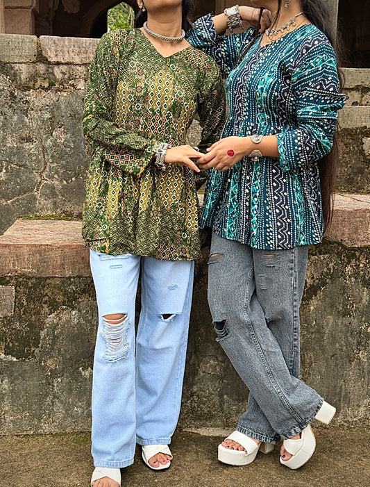 Traditional Sanganeri-style paisley and floral motifs Short Kurti