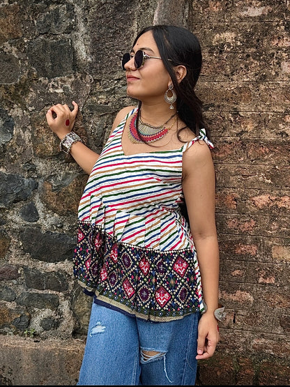 Straight square neck Short Kurti with tie-up shoulder straps
