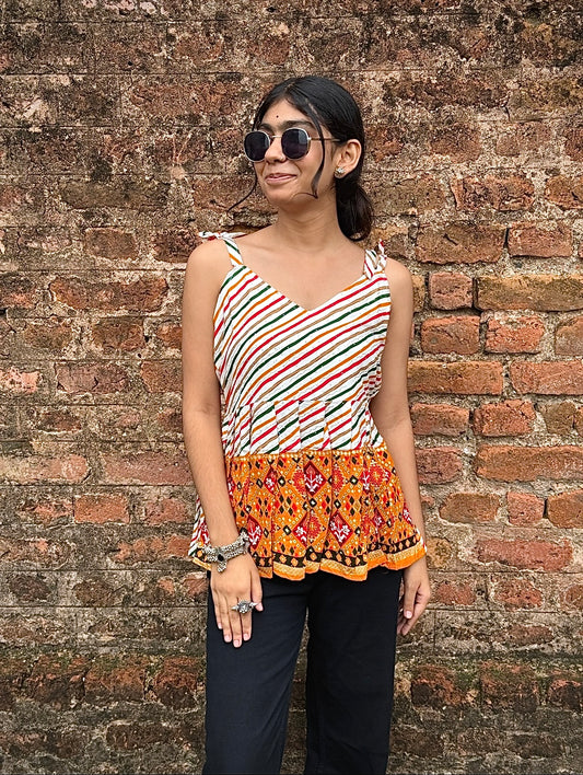 Straight square neck Short Kurti with tie-up shoulder straps