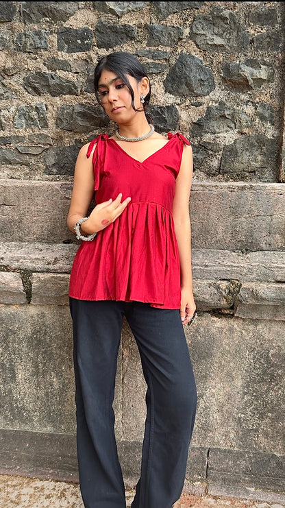 V-neck Short Kurti, shoulder tie-up straps, gathered peplum design