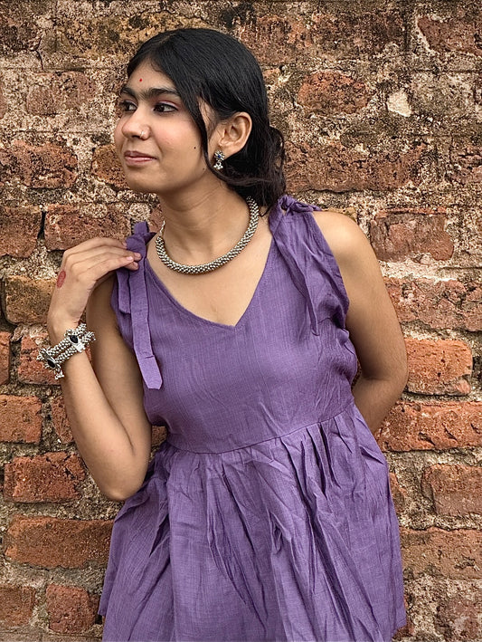 V-neck Short Kurti, shoulder tie-up straps, gathered peplum design