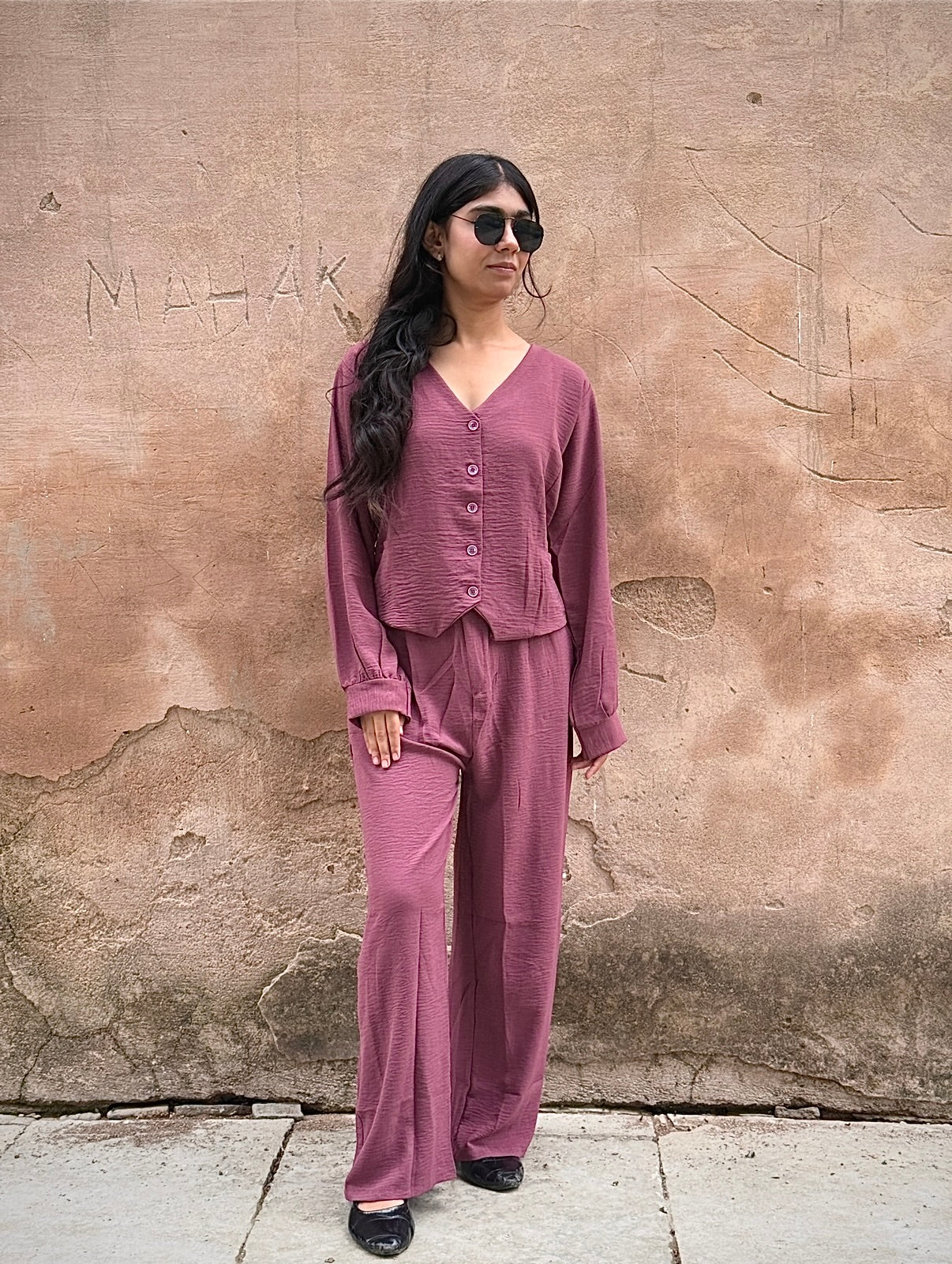 V-Neck Shirt & Wide-Leg Pants Cord Sets – Soft office look cord sets /office wear, casual wear