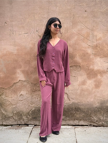 V-Neck Shirt & Wide-Leg Pants Cord Sets – Soft office look cord sets /office wear, casual wear