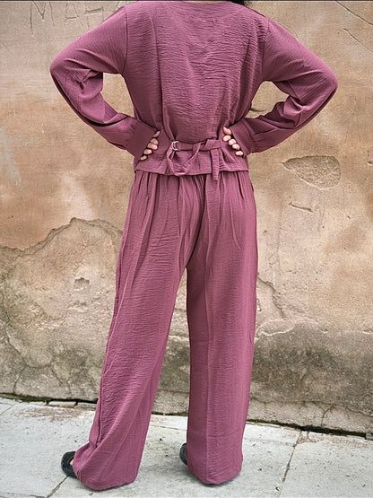 V-Neck Shirt & Wide-Leg Pants Cord Sets – Soft office look cord sets /office wear, casual wear