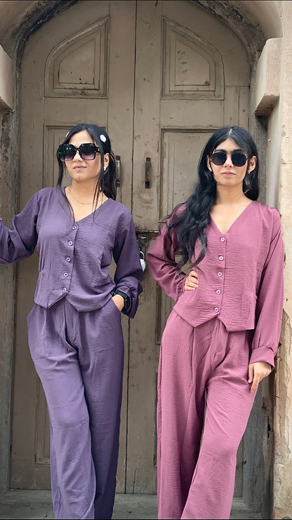 V-Neck Shirt & Wide-Leg Pants Cord Sets – Soft office look cord sets /office wear, casual wear