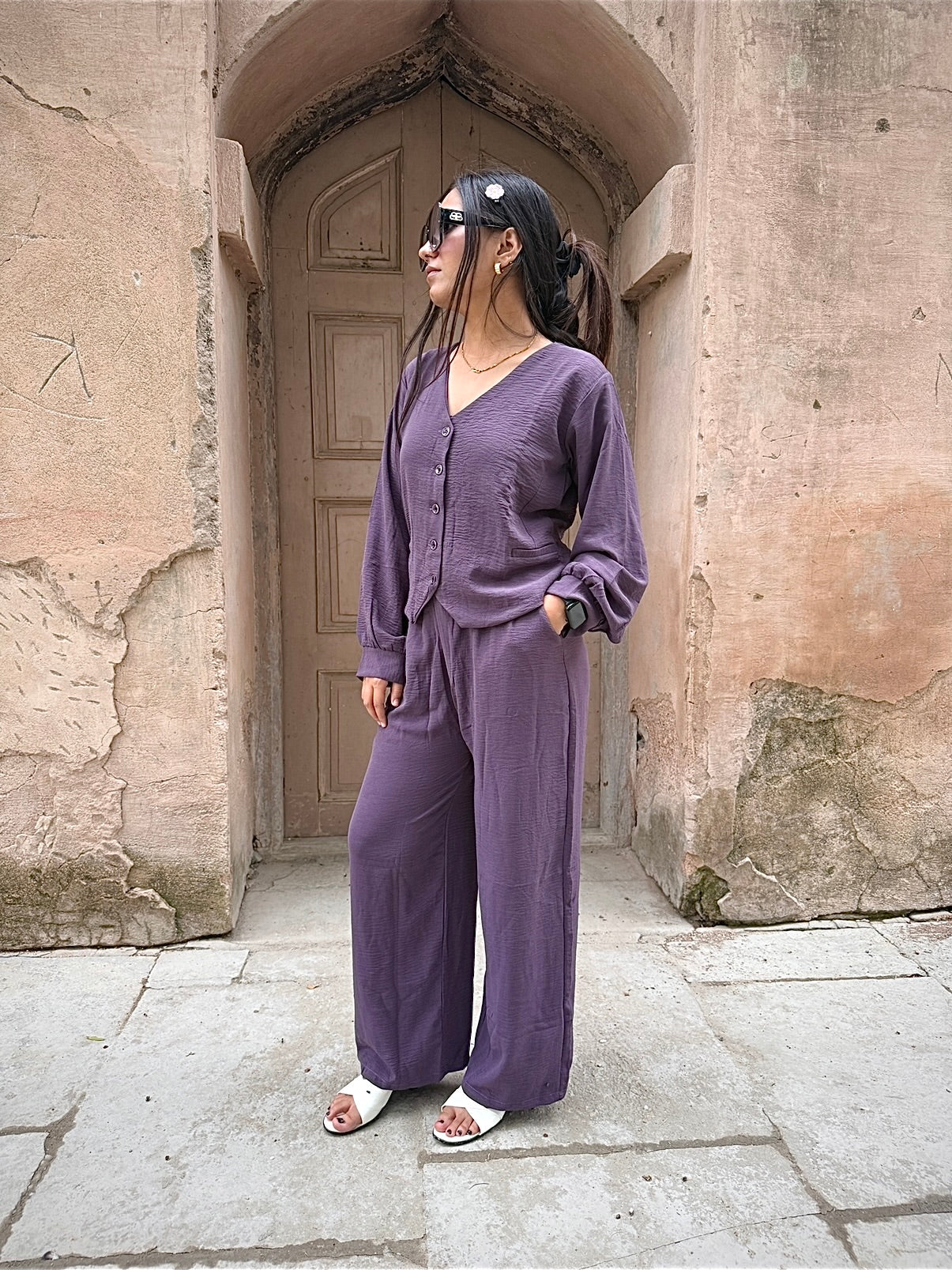 V-Neck Shirt & Wide-Leg Pants Cord Sets – Soft office look cord sets /office wear, casual wear