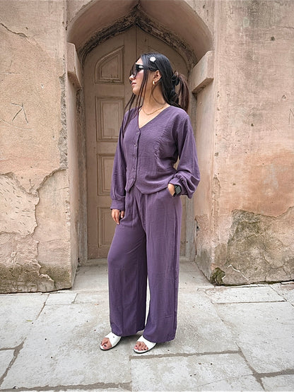 V-Neck Shirt & Wide-Leg Pants Cord Sets – Soft office look cord sets /office wear, casual wear