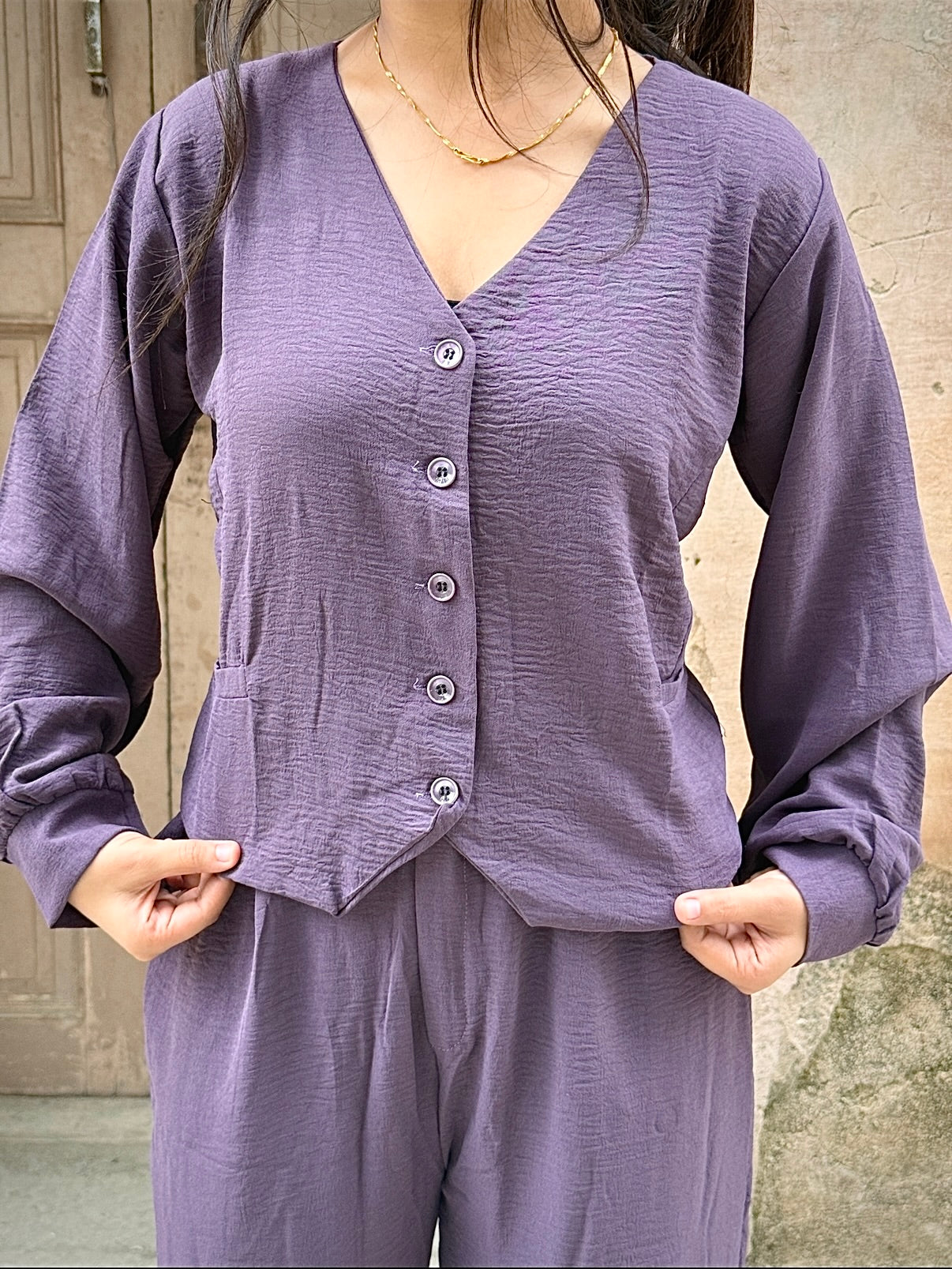 V-Neck Shirt & Wide-Leg Pants Cord Sets – Soft office look cord sets /office wear, casual wear